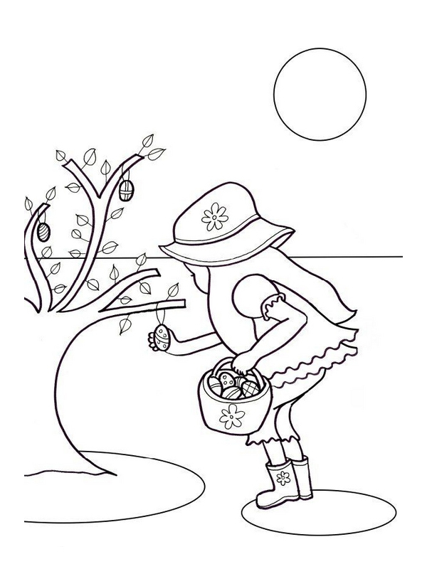 coloriage fillette qui ramasse des oeufs de paques